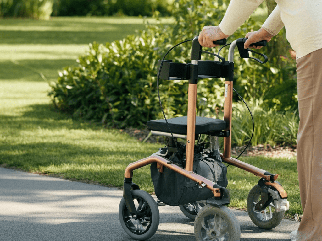 Senior using an advanced 2025 rollator with stability features outdoors