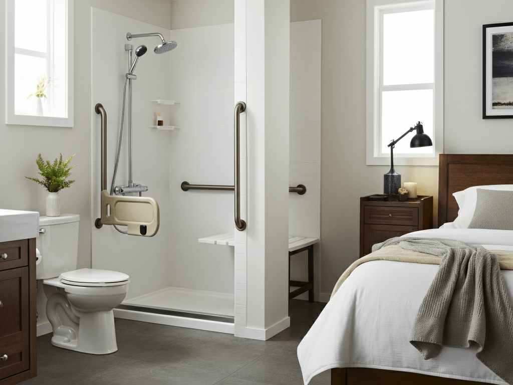 Bathroom and bedroom safety aids such as grab bars and raised seating.