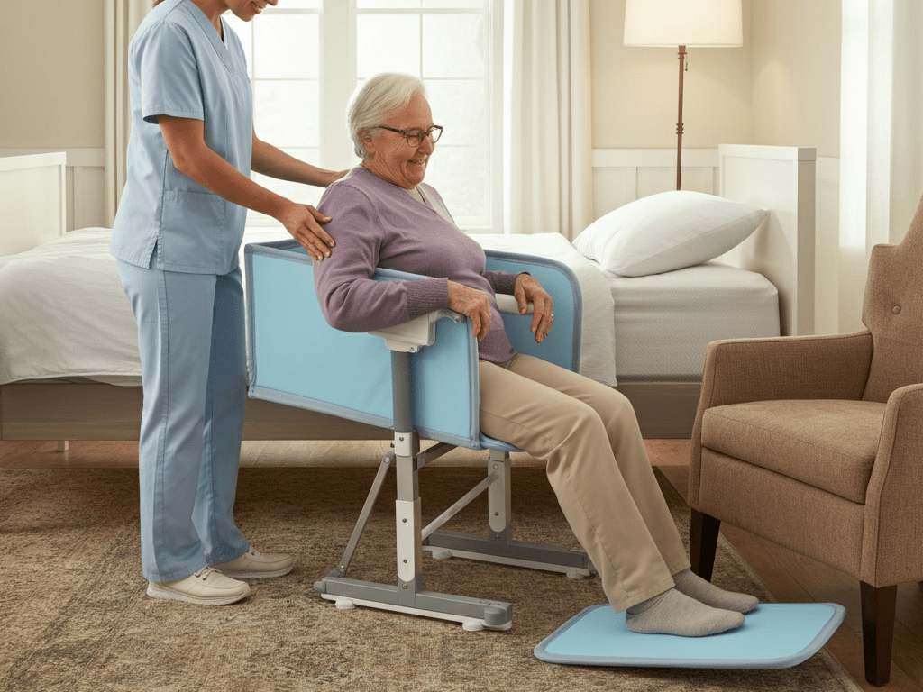 Transfer aids like boards and lift cushions helping seniors move safely
