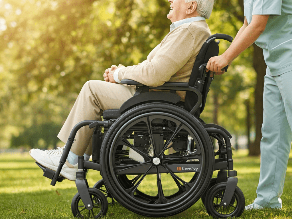 Lightweight folding wheelchair designed for seniors to reduce strain.
