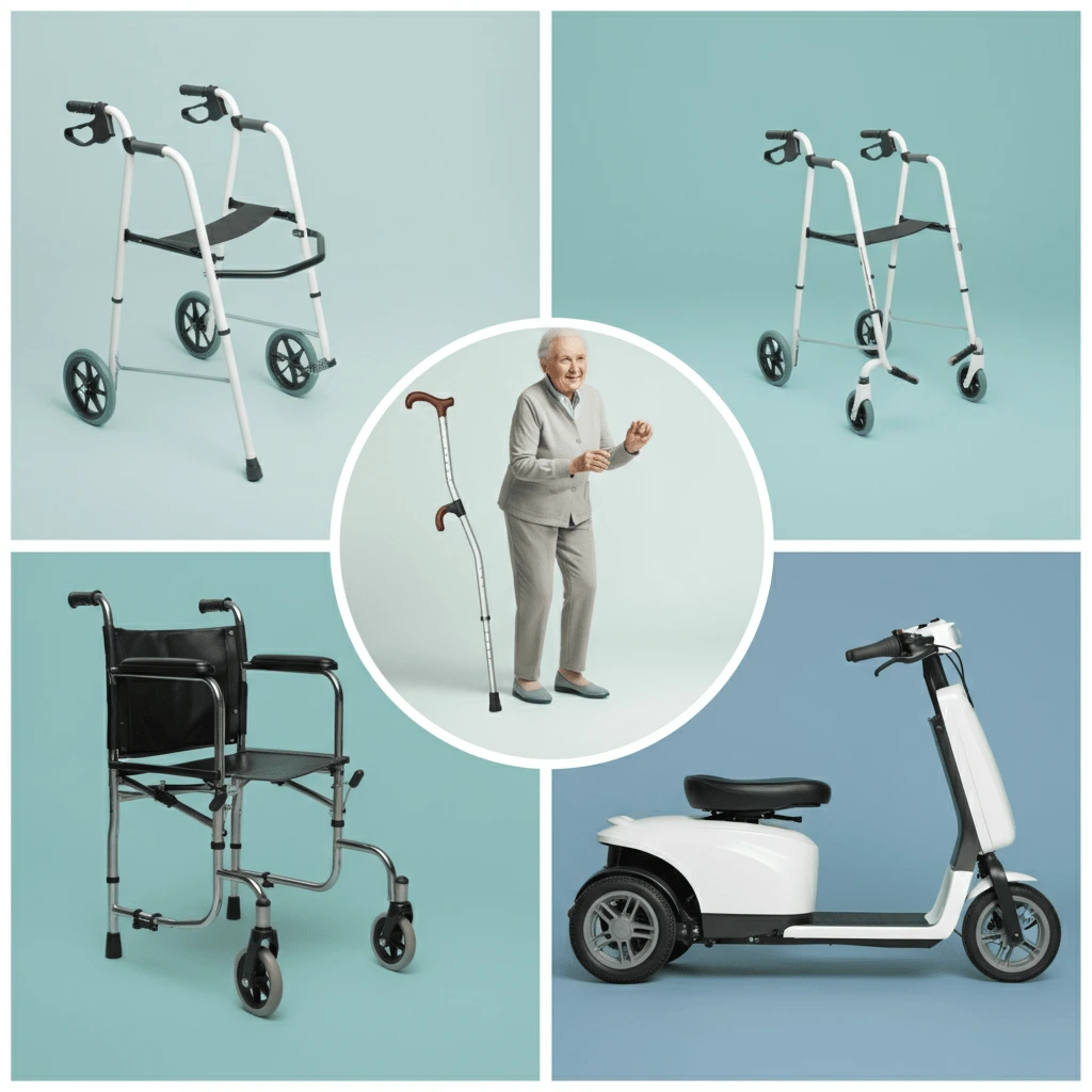 Collage showcasing various modern mobility aids, including rollators, wheelchairs, mobility scooters, and walking canes, symbolizing independence and support for seniors.
