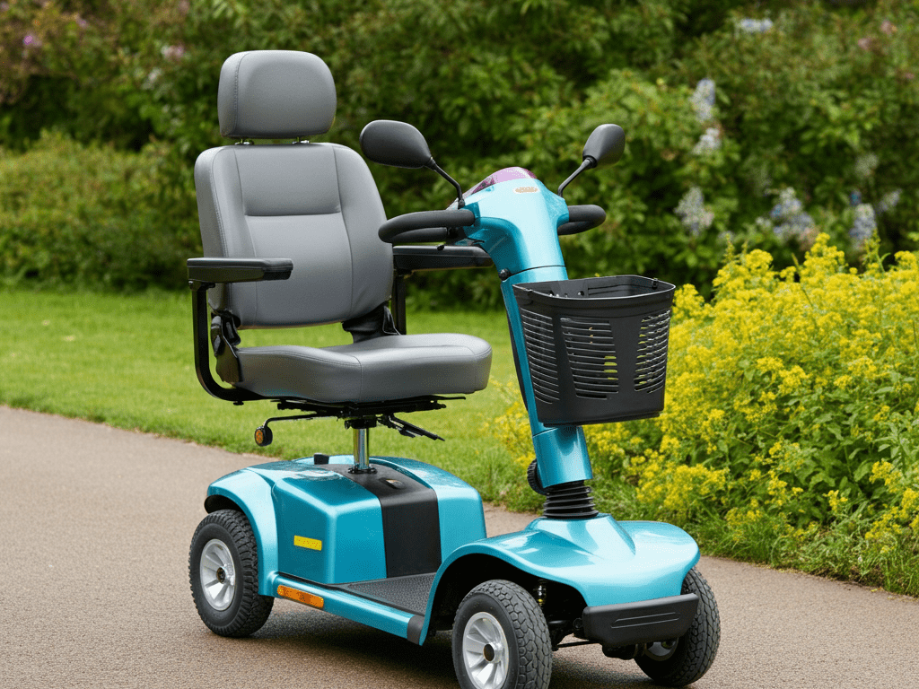 Senior riding a modern mobility scooter with padded seating and adjustable steering on a smooth outdoor path, enjoying independence on a sunny day.
