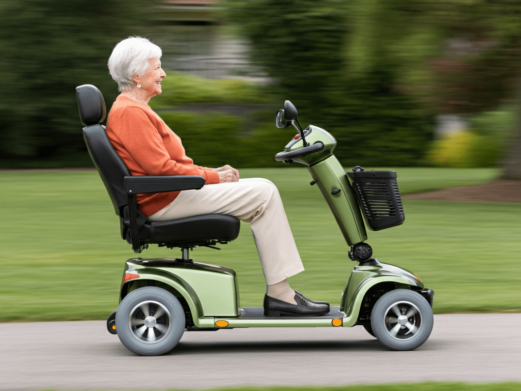 Senior riding a modern mobility scooter offering comfort and independence.