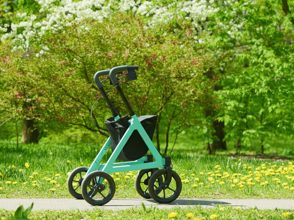 Older adult with knee arthritis using a lightweight rollator with soft-grip handles and shock-absorbing wheels during a sunny park walk.
