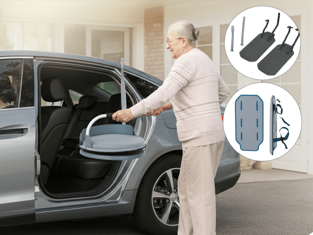 Swivel cushions, transfer boards, and lift-assist devices displayed in a home setting, with a senior using a swivel cushion to exit a car."