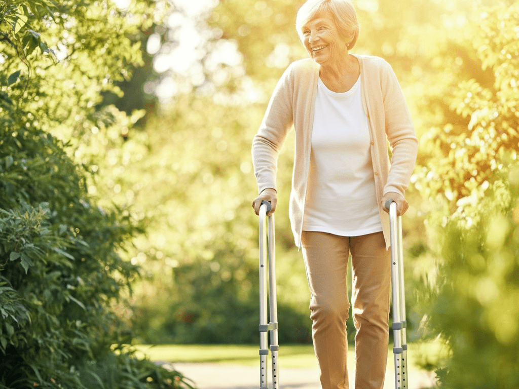 Happy senior confidently walking outdoors with a mobility aid, expressing freedom and independence in a bright, uplifting scene.