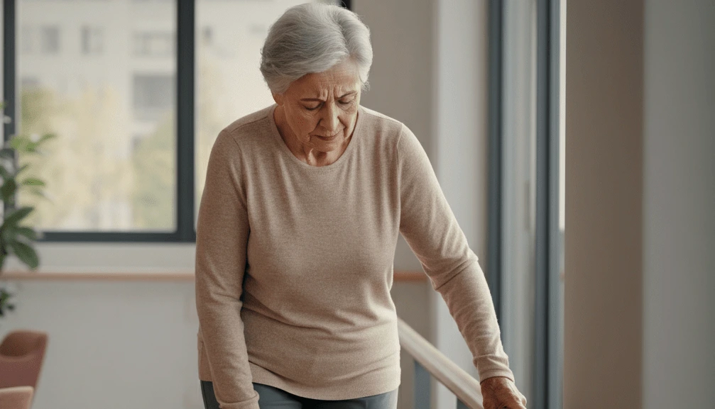 Senior woman with Mobility Aids For arthritis holding a railing for support while walking indoors, highlighting mobility challenges in a modern assistive living environment.