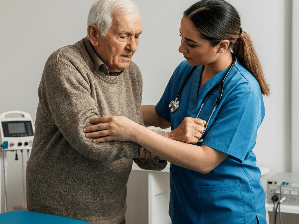 Healthcare professional conducting a mobility assessment with a senior, reviewing gait, grip strength, and pain levels in a bright clinical environment.