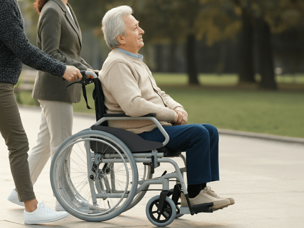 Lightweight, foldable wheelchair with a cushioned seat being pushed by a caregiver outdoors, providing comfort for a senior with severe arthritis.